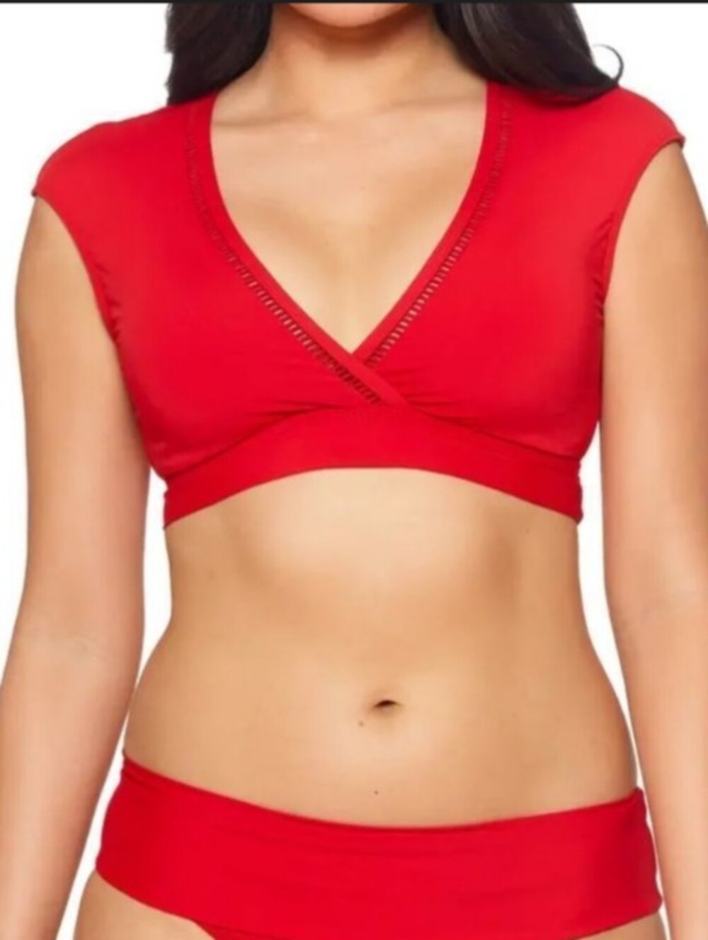 Bleu Rod Beattie Red Behind The Seam Cap Sleeve Crop Swim Top